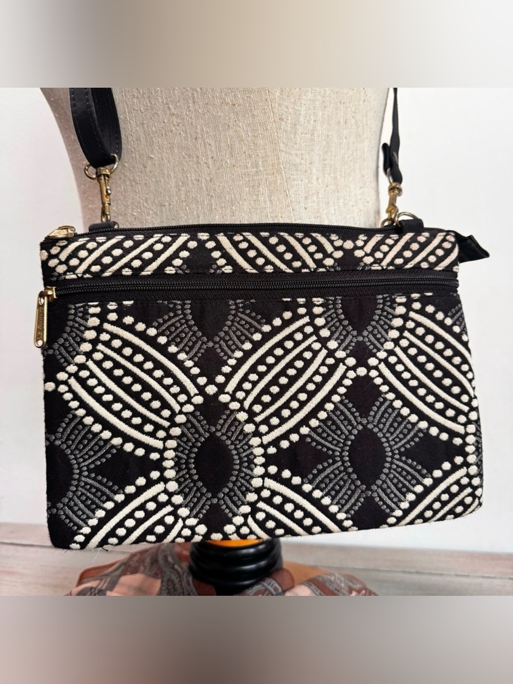 Danny K Tapestry Black And White Travel Crossbody‎ Multi Compartment Bag Purse